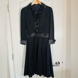 Vintage Black Tuxedo Style Midi Dress | Satin Lapel & Button Detail